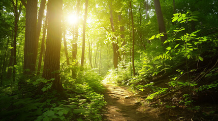 Obraz premium Sunlight through leaves on hiking trail in green forest
