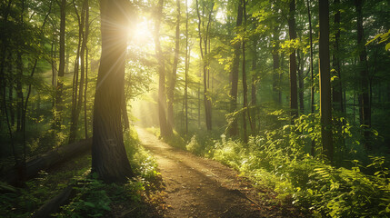 Sunlight through leaves on hiking trail in green forest