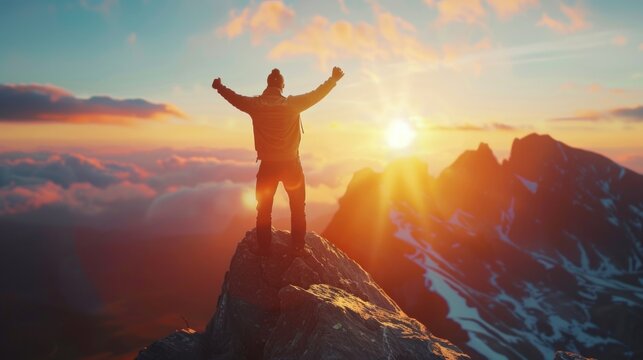 A man standing on a mountain peak at sunset, ideal for inspirational and adventurous concepts