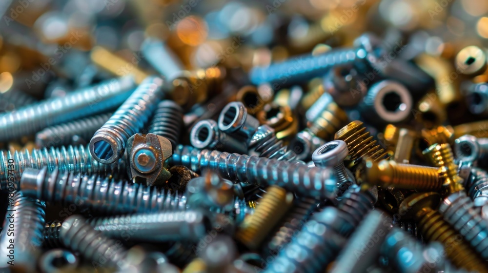 Poster a pile of screws and nuts on a table. perfect for industrial projects