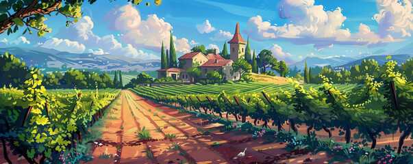 Vineyard farm in a summer day, beautiful rural landscape, panoramic view, illustration generated ai
 - obrazy, fototapety, plakaty