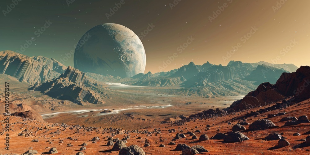 Poster Planet seen in the distance with rocks in the foreground. Suitable for space and landscape concepts