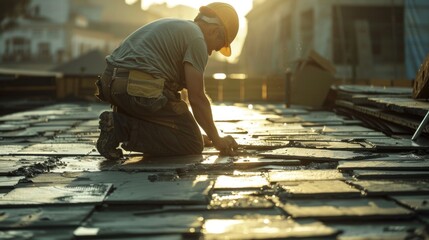 A man working on a brick floor, suitable for construction industry projects