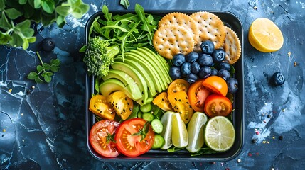 Lunch box with sliced avocado, yellow tomatoes, crackers, blueberries and green salad