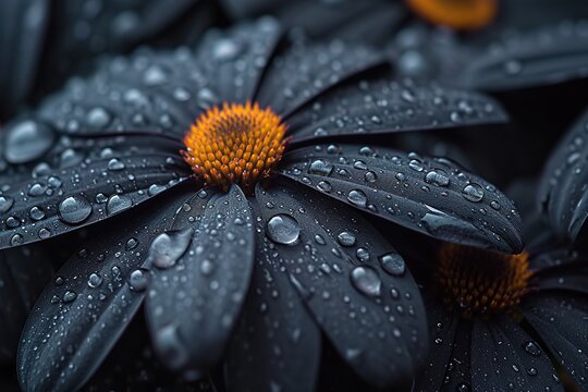 Close up Black flower petals with water drops on it. 