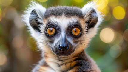 A baby lemur with a yellow nose and brown fur - obrazy, fototapety, plakaty
