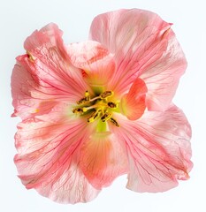   A pink flower with yellow stamens in its center and one yellow stamen at the middle