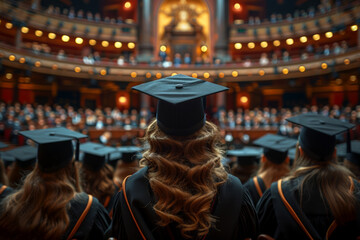 Graduate facing audience in auditorium, ideal for commencement and education themes.