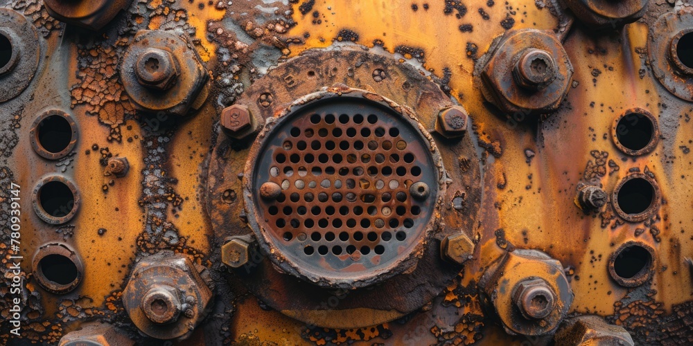 Poster A weathered metal structure with visible holes and rivets. Suitable for industrial design concepts