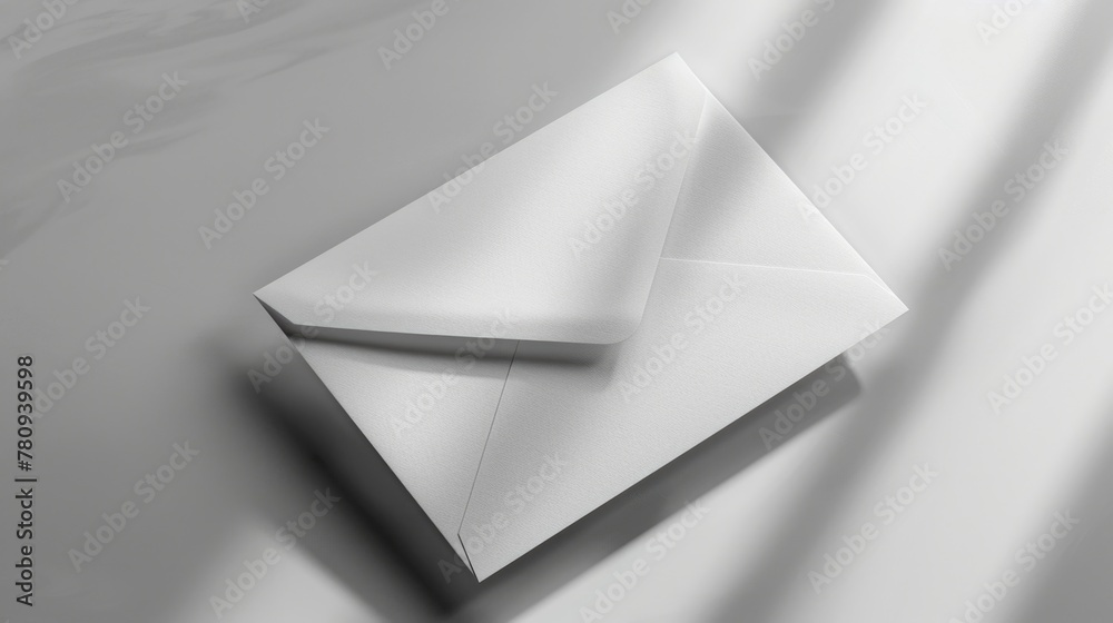 Poster a white envelope sitting on a table. perfect for business and office concepts