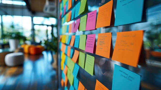 sticky note from teamwork on brainstorming board  at business office.