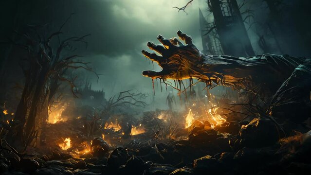 Zombies rise from the dead in a dark scary forest at night and pull their hands out of the ground for the Halloween holiday