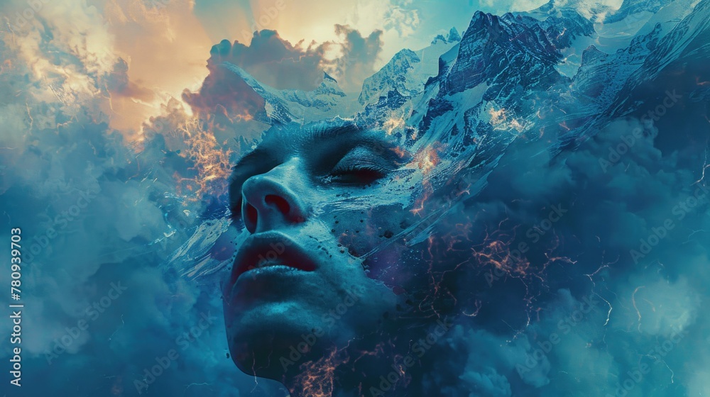 Poster close up of a person's face in the clouds. suitable for various creative projects