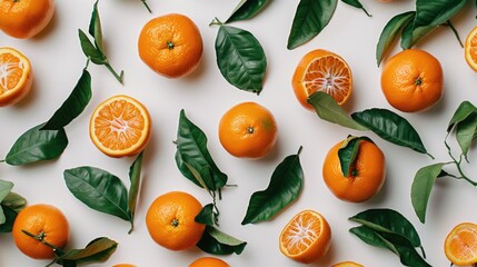 Fresh oranges with leaves on a white background. Great for food and health concepts
