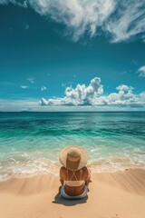 A woman sitting on a beach, gazing at the ocean. Suitable for travel and relaxation concepts