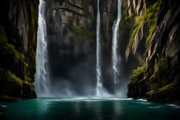 A magnificent waterfall framed between two towering cliffs, creating a natural amphitheater of...
