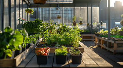 An urban farm on a rooftop, part of the city's strategy to reduce food miles and enhance food security. The setup is captured in natural sunlight, casting soft shadows on the array - obrazy, fototapety, plakaty
