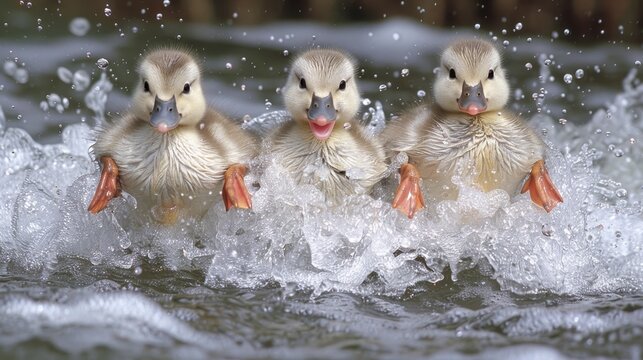  A trio of ducklings playfully splashes in a body of water; a wooden fence lies in the background