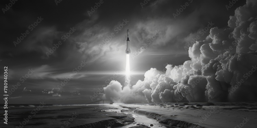 Poster a dramatic black and white image of a rocket launching. ideal for technology or space-themed project
