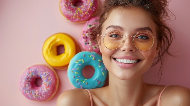 This is an illustration of a beautiful female fashion model eating sweets and donuts on a pink background. A humorous and joyful Vogue styled woman with sweets poses on this pink background. She is