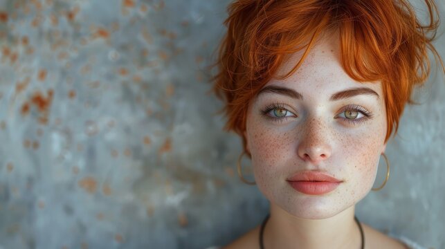 Young woman with red hair wearing short pixie crop hairstyle on studio background...