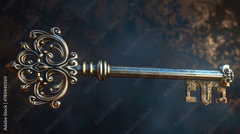 Poster a golden key with intricate design, perfect for various projects