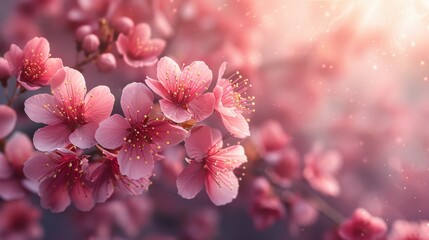 Background or border art with pink blossom. Mother nature scene with blossoming trees and a sun flare. Spring flowers. A beautiful orchard. Abstract blurred background. A springtime scene.
