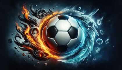 soccer ball engulfed in stylized flames and ice, symbolizing a heated match.