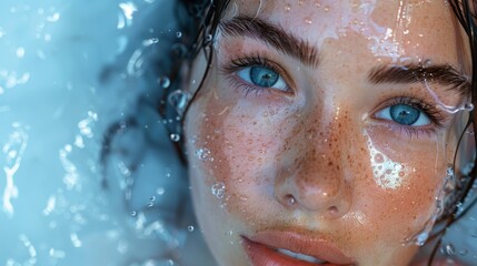 Fototapeta na wymiar An attractive spa woman has splashes of water on her face. She is smiling as she stands under the splash of water. Her skin is fresh and healthy. She has a beautiful face over a blue background.