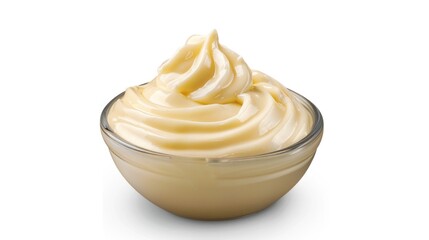 A bowl of whipped cream on a white surface. Perfect for food and dessert concepts