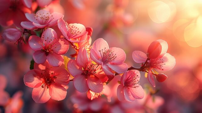 An abstract blurred background with a beautiful spring tree and a sun flare. Sunny day with spring flowers in an orchard. Sunny day with spring flowers in an orchard. Springtime.