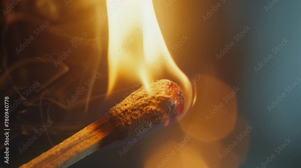 Poster A close-up image of a matchstick with a fire in the background. Suitable for various concepts and designs