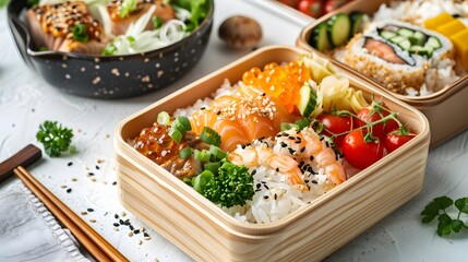 Bento lunch box on white background. Traditional Japanese food in takeaway wooden packaging on kitchen table. Healthy diet, meal preparation. Rice, prawn, furikake, tuna tataki, tamago and vegetables