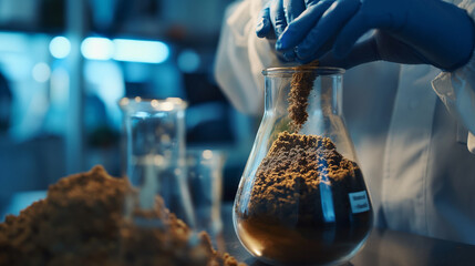 A close-up of a researcherâs hands holding a soil sample, testing for contamination and the effectiveness of bioremediation techniques. The natural light from the lab window casts