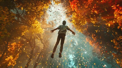 Fototapeta premium A man soaring through the air over a dense forest. Suitable for adventure or nature themes