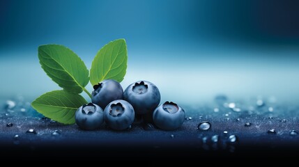 Close-up of Fresh Blueberries with Water Droplets on a Gradient.
