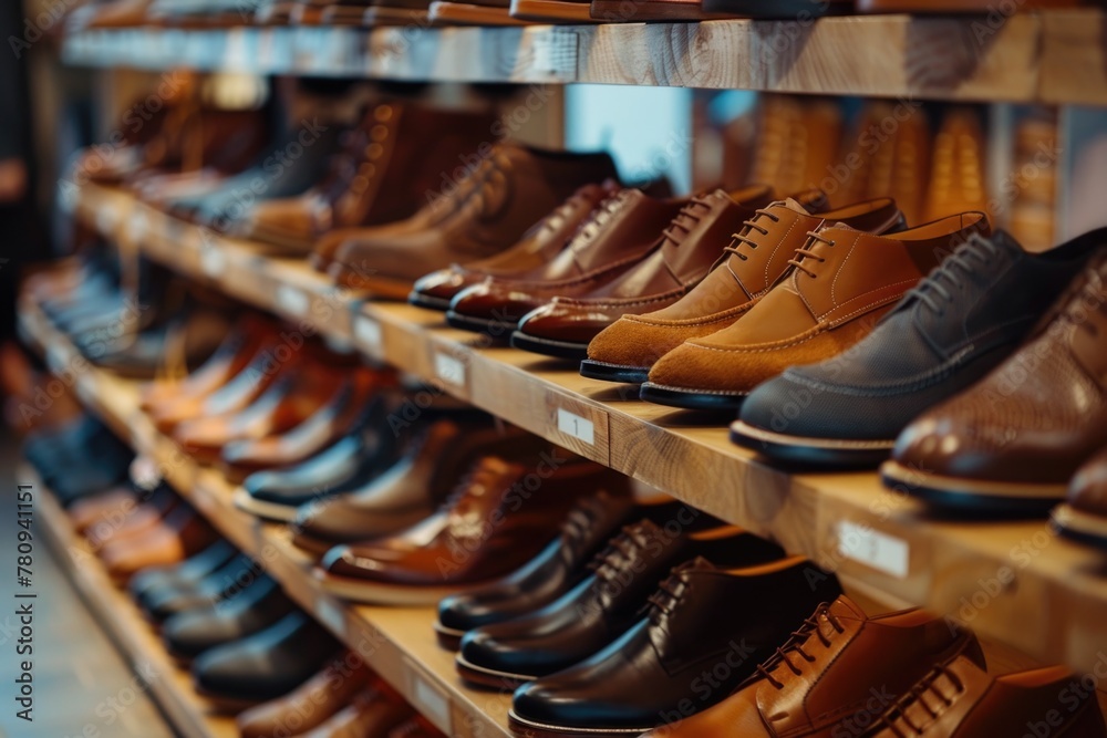 Poster a row of men's shoes displayed on a shelf. suitable for fashion or retail concepts