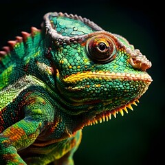 Fototapeta premium Explore the intricate details of a green-colored chameleon up close, capturing its vibrant hues and unique textures. 
