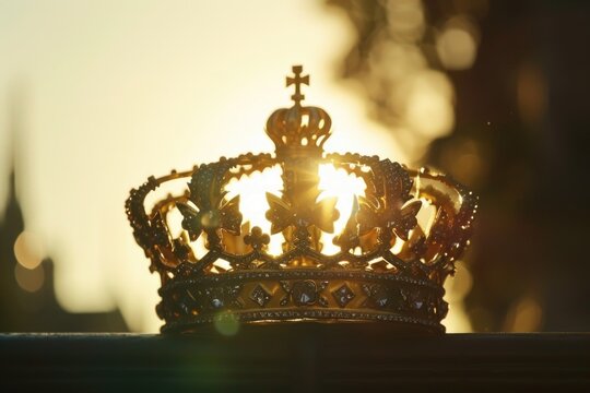 A royal crown placed on a rustic wooden table. Perfect for luxury and elegance concepts