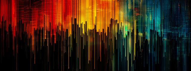 A colorful painting of a cityscape with a rainbow of colors