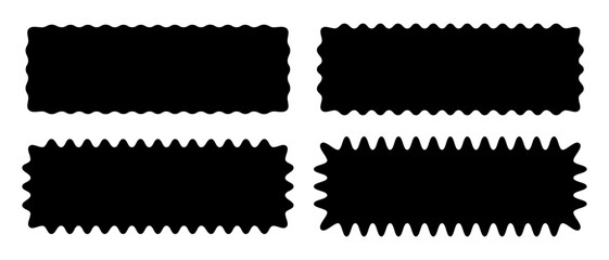 Set of different rectangles with wiggly edges. Rectangular shapes with wavy borders. Empty text or headline boxes. Black stickers, tags or labels templates. Vector graphic illustration.