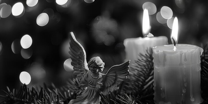Black and white photo of a candle and angel figurine. Suitable for spiritual or memorial themes