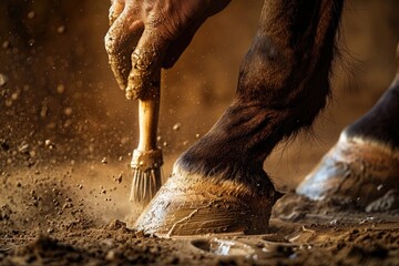 Close up of a horse's hoof being cleaned with a brush. Suitable for veterinary or equestrian themes - obrazy, fototapety, plakaty
