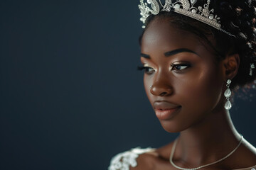 Beautiful african american woman with crown on her head isolated on dark empty background with space for text or inscriptions, miss country or miss world motes
 - Powered by Adobe