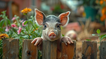   A small pig peeks over a wooden fence, surrounded by flowers, with a building in the background