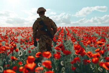 A soldier standing in a field of red flowers, suitable for military or nature themes