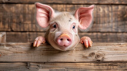   A tight shot of a pig peering over a wooden fence, its eyes fixed widely above its head