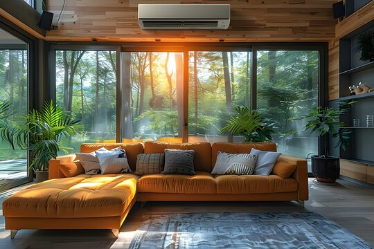 Modern apartment with dual inverter hotcold split AC unit under sofa. Concept Apartment Features, Dual Inverter Technology, Hot and Cold Split AC, Space-Saving Design