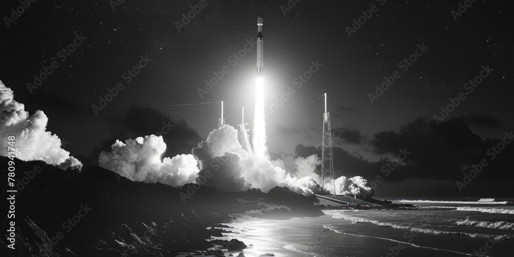 Poster a black and white photo of a rocket launching. perfect for science or technology related projects