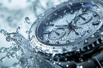 Silver luxury men's watch close up with water splash and water drops close up with space for text or inscriptions. Advertising or banner for a watch shop
